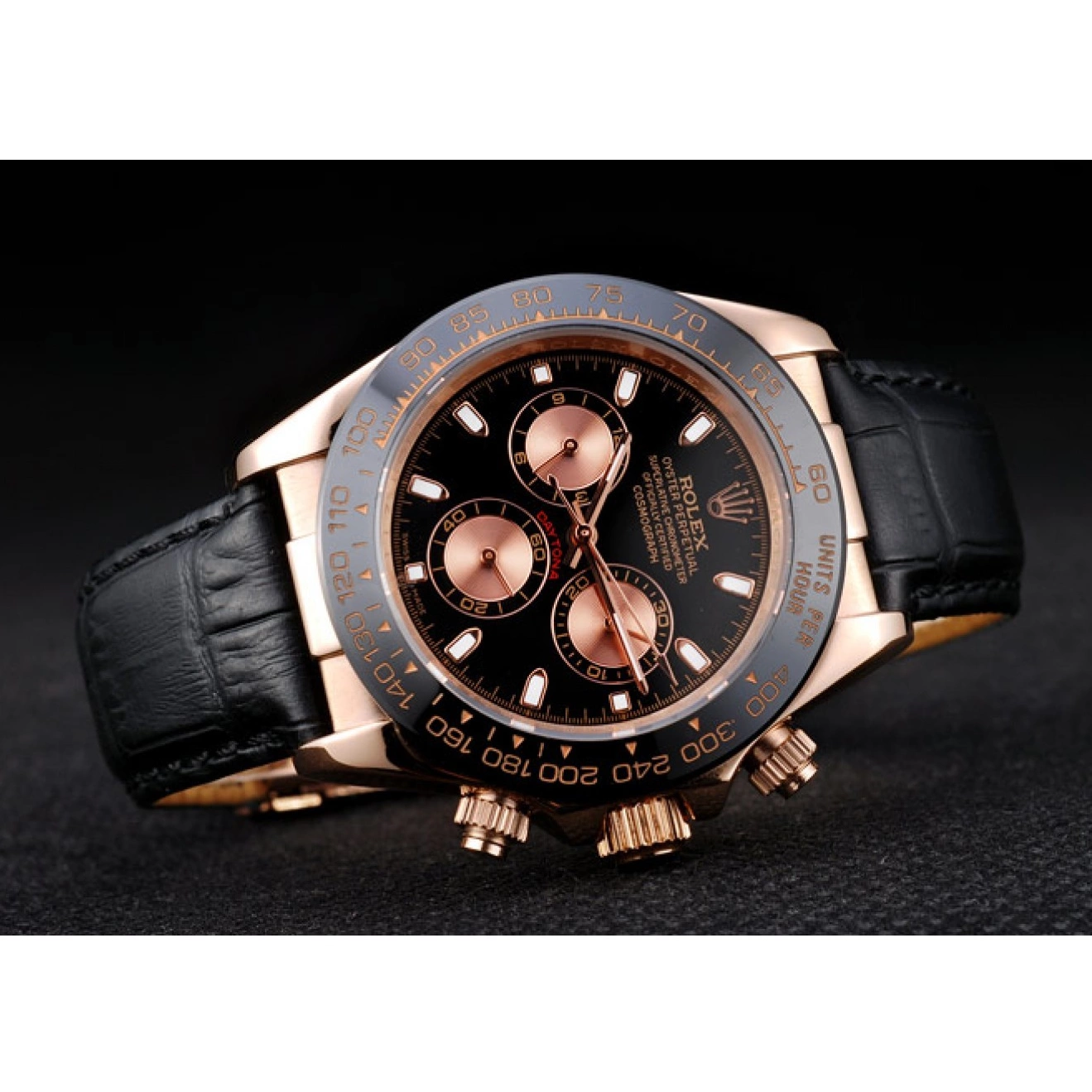 Aaa replica Gold Rose Rolex Black Leather Black Case Daytona Dial Strap 0706